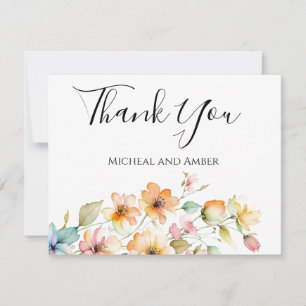 Cartão De Agradecimento Lindas Flores Silvestres Aquarela Laranja Rosa Boê