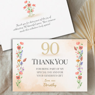 Cartão De Agradecimento Lindo Aniversário de 90 anos – Design de Flor Silv