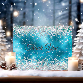 Cartão De Agradecimento Lindo brilho falso prateado turquesa