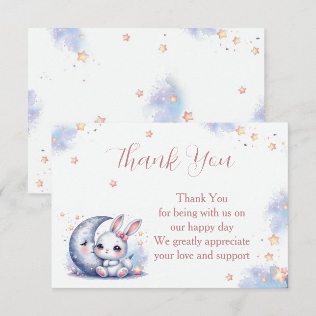 Cartão De Agradecimento Lindo coelho branco e lua prateada crescente (Frente/Verso)