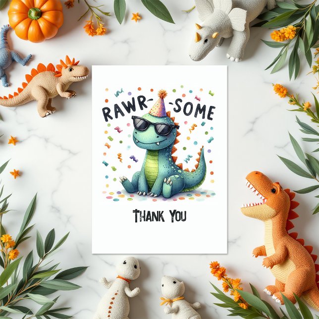 Cartão De Agradecimento Lindo Dinossauro “Rawr-some” Aniversário Infantil (Cute Dinosaur “Rawr-some” Kids Birthday Thank You Card)