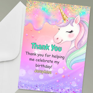 Cartão De Agradecimento Lindo unicórnio rosa aqua colorido pingando aniver