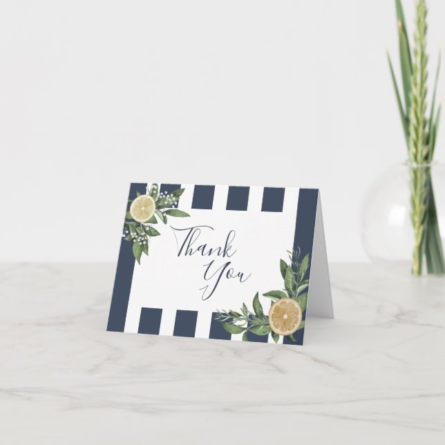 Cartão De Agradecimento Listra Azul Marinho Aquarela Limão Cítrico Dobrado (Frente)