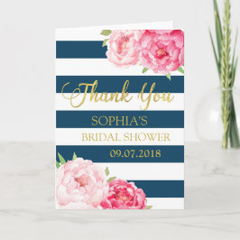 Cartão De Agradecimento Listras Azuis Obrigada Chá de Noiva Floral Rosa