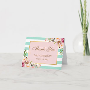 Cartão De Agradecimento Listras Florais Rosa Verde Menta Dourado Obrigado