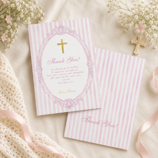 Cartão De Agradecimento Listras Rosa Elegante Batismo Menina Vintage