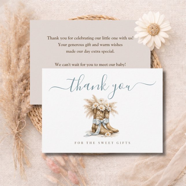 Cartão De Agradecimento Little Cowboy Elegant Blue Bow Boy Baby Shower (Criador carregado)