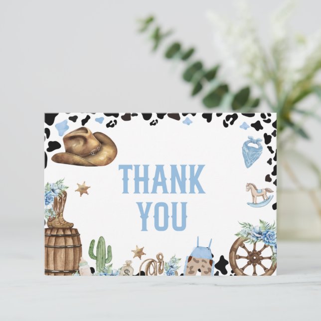 Cartão De Agradecimento Little Cowboy Western Blue Baby Shower  (Em pé/Frente)