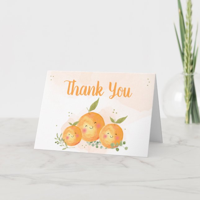 Cartão De Agradecimento Little Cutie Citrus Orange Baby Shower (Frente)
