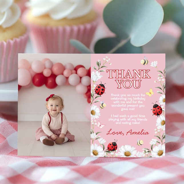 Cartão De Agradecimento Little Love Bug Daisy Floral Birthday Party Photo (Criador carregado)
