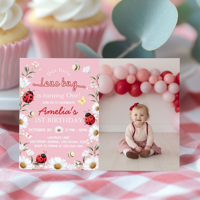 Cartão De Agradecimento Little Love Bug Daisy Floral Birthday Photo Invite (Criador carregado)