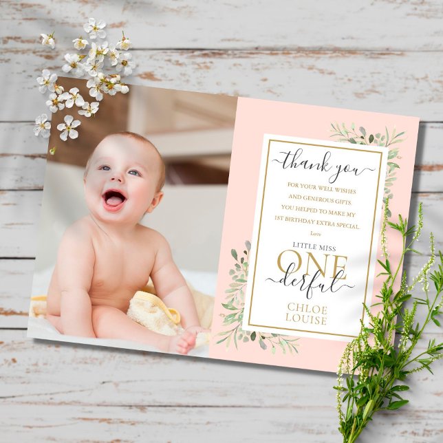Cartão De Agradecimento Little Miss ONEderful Pink Girl 1st Birthday Photo (Criador carregado)