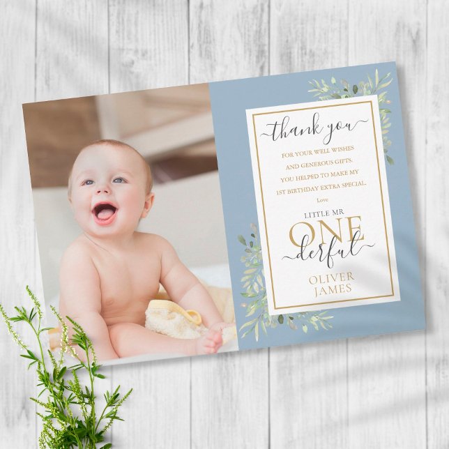 Cartão De Agradecimento Little Mr ONEderful Blue Boy 1st Birthday Photo (Criador carregado)