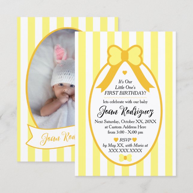Cartão De Agradecimento Little One Bow 1st Birthday Photo Invitations (Frente/Verso)
