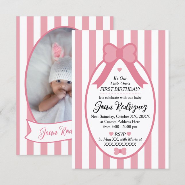 Cartão De Agradecimento Little One Bow 1st Birthday Photo Invitations (Frente/Verso)