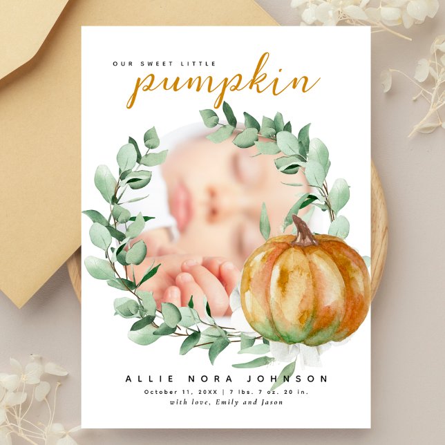 Cartão De Agradecimento Little Pumpkin Photo Fall Greenery Baby Shower  (Criador carregado)