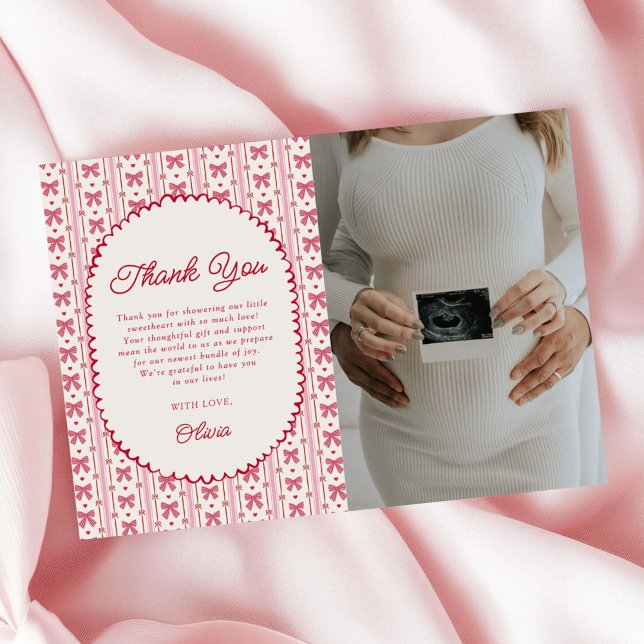 Cartão De Agradecimento Little Sweetheart Pink Red Bow Baby Shower Photo (Criador carregado)