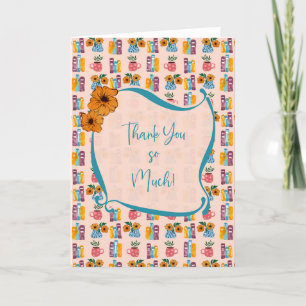 Cartão De Agradecimento Livros empilhados com Flor e Mug de Café