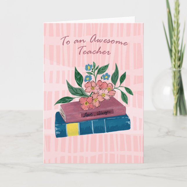Cartão De Agradecimento Livros empilhados e Flores Rosa para Professores (Frente)