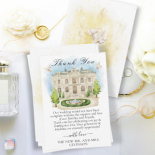 Cartão De Agradecimento Local Elegante com fonte, flores e pombos