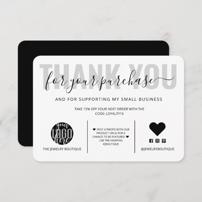 Cartão De Agradecimento Logotipo Elegante de Script Branco Preto - Obrigad (Frente/Verso)