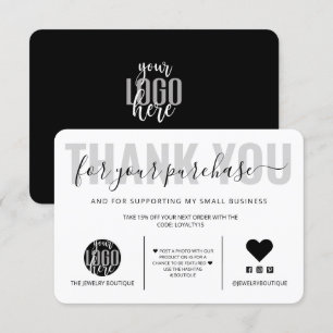 Cartão De Agradecimento Logotipo Elegante de Script Branco Preto - Obrigad