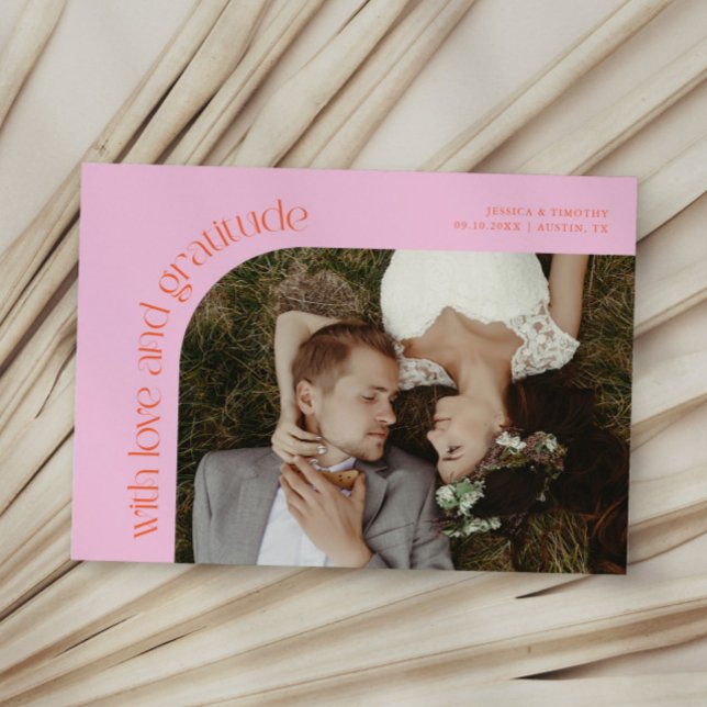 Cartão De Agradecimento Love and Gratitude Orange Pink Wedding Photo (Criador carregado)