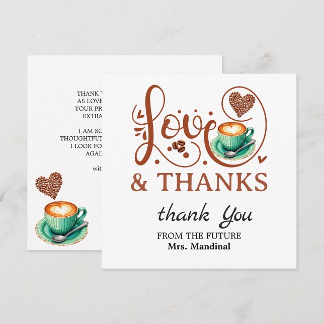 Cartão De Agradecimento Love and Thanks Bridal Shower Wedding Coffee Theme (love and thanks thank you elegant script calligraphy modern script typography heart message coffee)