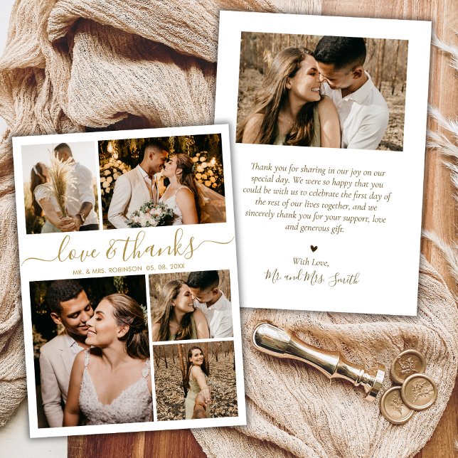 Cartão De Agradecimento Love and Thanks Gold Script Photo Collage Wedding (Criador carregado)