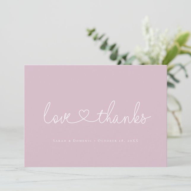 Cartão De Agradecimento Love and Thanks Minimal script heart photo pink (Em pé/Frente)