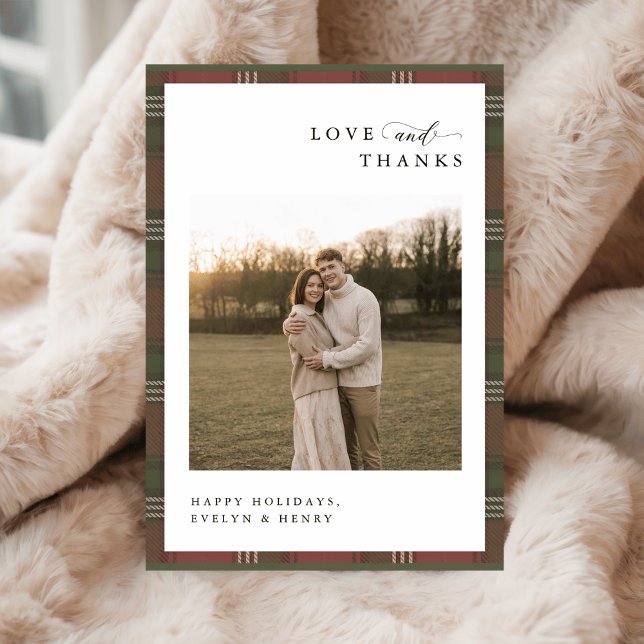 Cartão De Agradecimento Love and Thanks | Newlywed Plaid Christmas Photo (Criador carregado)