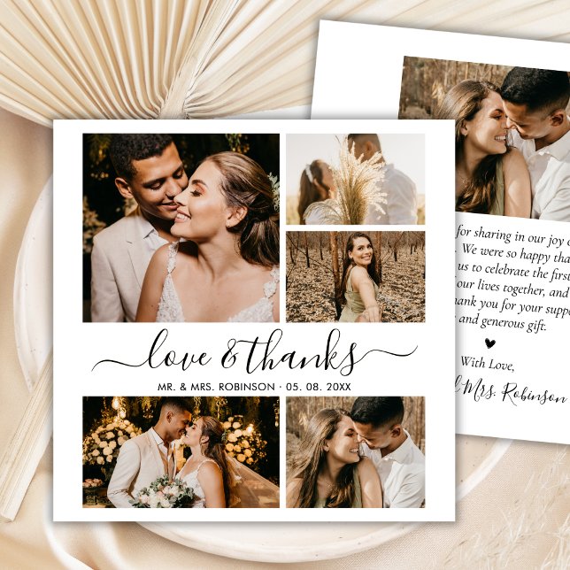 Cartão De Agradecimento Love and Thanks Script Photo Collage Wedding Thank (Criador carregado)