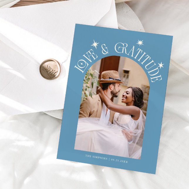 Cartão De Agradecimento Love & Gratitude Minimal Wedding Photo Denim Blue (Criador carregado)