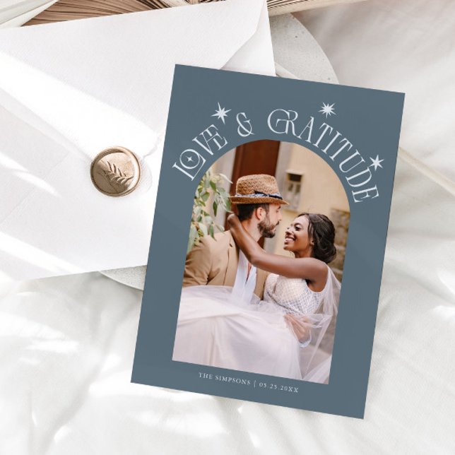 Cartão De Agradecimento Love & Gratitude Minimal Wedding Photo Slate Blue (Criador carregado)