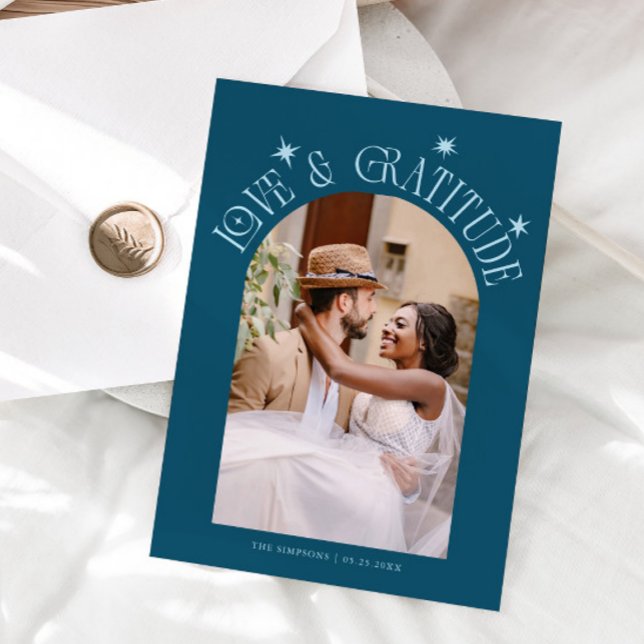 Cartão De Agradecimento Love & Gratitude Minimalist Wedding Photo Teal (Criador carregado)