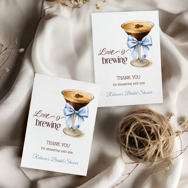 Cartão De Agradecimento Love is Brewing Blue Bow Coffee Bridal Shower (Criador carregado)