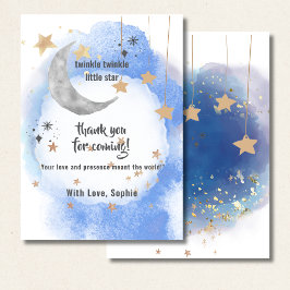 Cartão De Agradecimento Lua Celestial Estrelas, Azul Pastel e Dourado