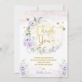 Cartão De Agradecimento Lua e Estrelas Aniversário Dourado Floral Roxo