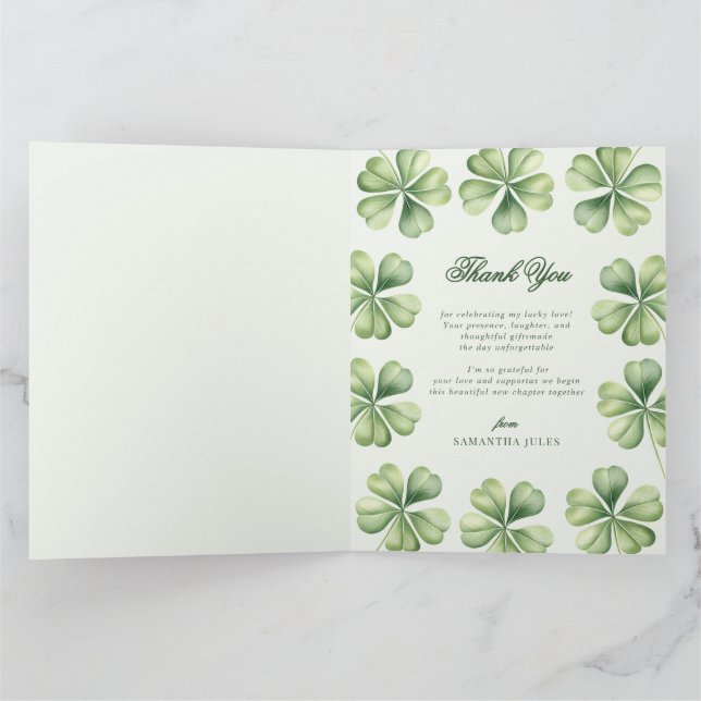 Cartão De Agradecimento Lucky in Love Bridal Shower Green Shamrock  (Interior)