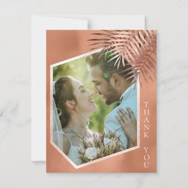 Cartão De Agradecimento Lush Palm Leaf Wedding Photo Terra Cotta ID956 (Frente)