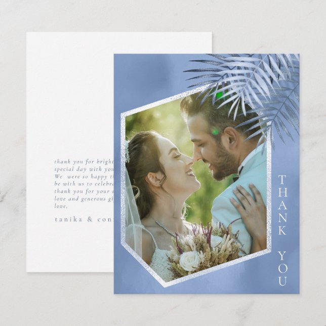 Cartão De Agradecimento Lush Palm Leaf Wedding Photo Windsor Blue ID956 (Frente/Verso)
