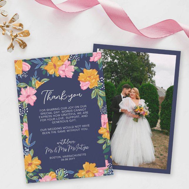 Cartão De Agradecimento Lush Pink Yellow Flowers Dark Blue Wedding Photo (Criador carregado)