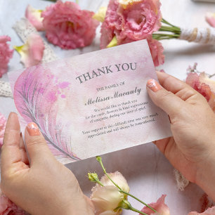 Cartão De Agradecimento Luto Memorial de Pena Rosa em Aquarela Elegante