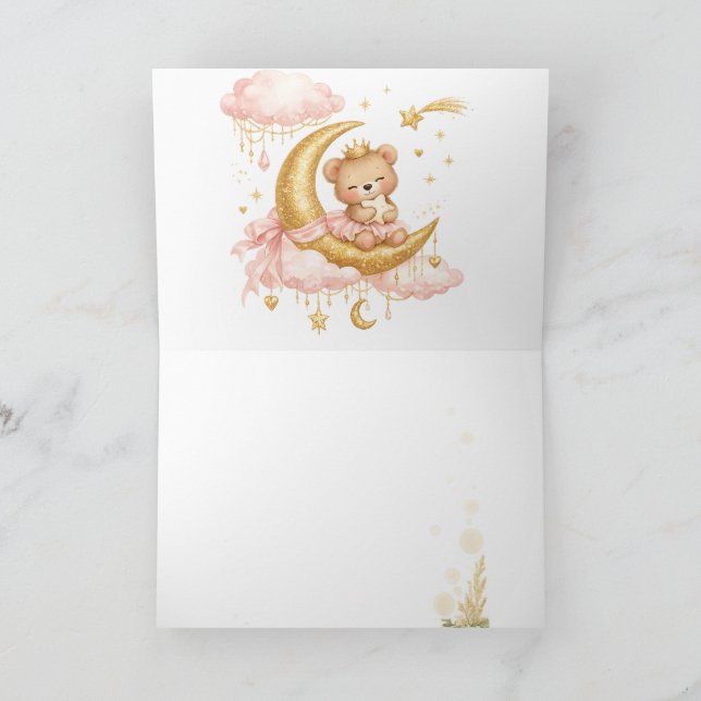 Cartão De Agradecimento Luxury Baby Girl Shower Invitation Pink Gold Moon  (Interior)