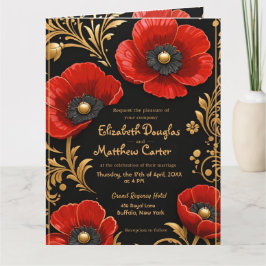 Cartão De Agradecimento Luxury Black Red and Gold Floral Wedding 