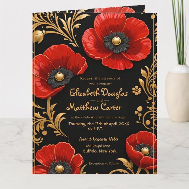 Cartão De Agradecimento Luxury Black Red and Gold Floral Wedding  (Frente)