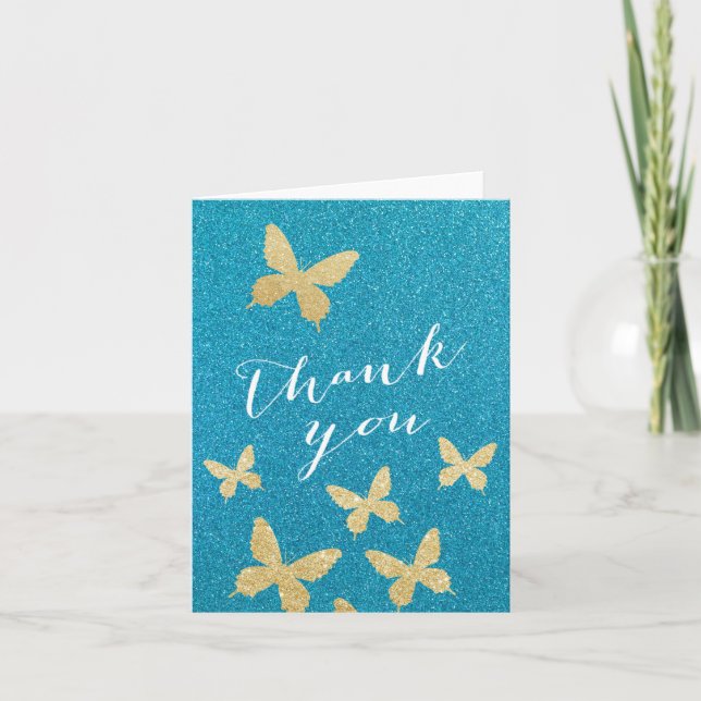 Cartão De Agradecimento Luxury Gold Butterflies Teal Thank You Cards (Frente)