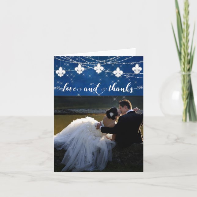 Cartão De Agradecimento Luzes Azuis Clássicas Fleur de Lis | Photo Love e (Frente)