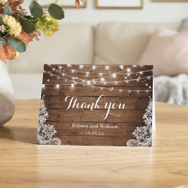 Cartão De Agradecimento Luzes de Corda de Madeira de Celeiro Rústico com R