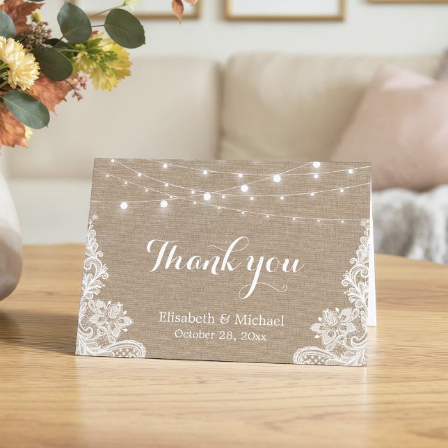 Cartão De Agradecimento Luzes de Corda de Sarjapilheira Rústica Renda Casa (Criador carregado)